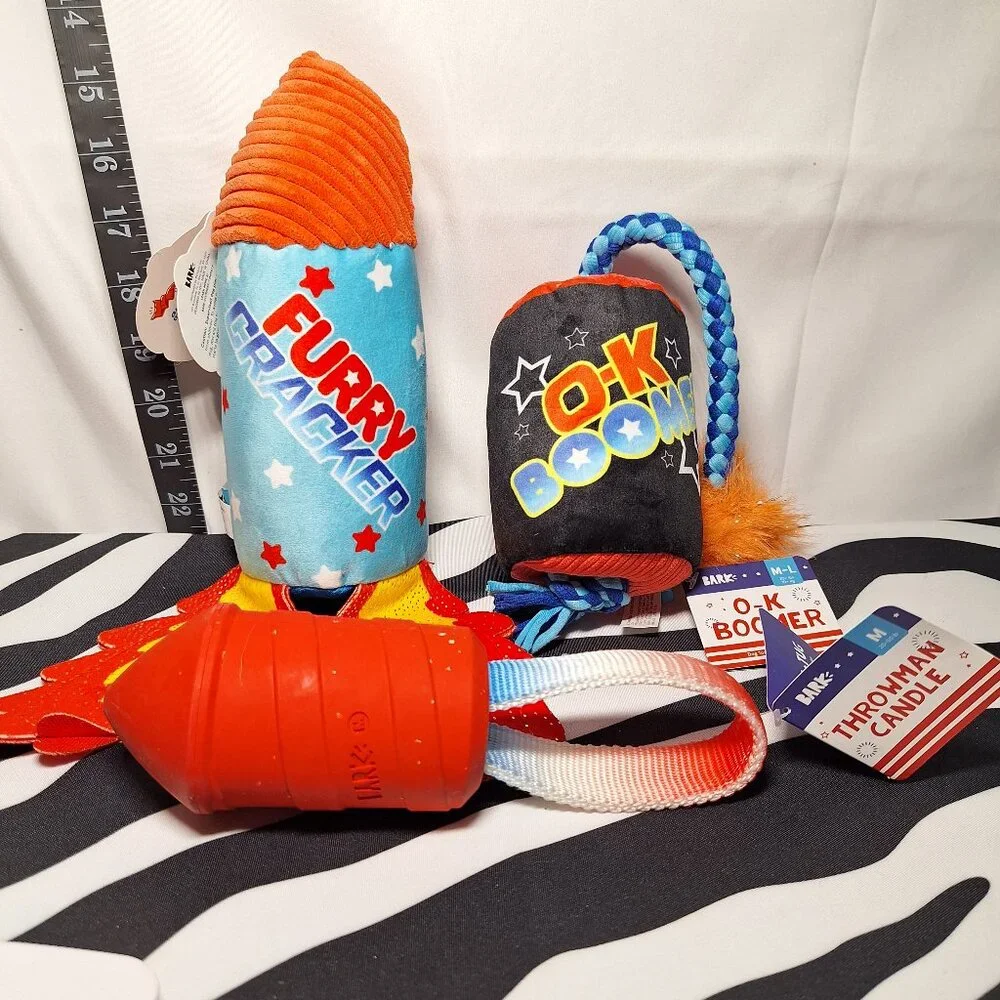 NWT Bark Firecracker 3 Pack Dog Toys = Furry Cracker +OK Boomer +Throwman Candle